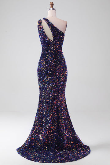 Nero Sirena Una Spalla Paillettes Abito Lungo Prom con Fessura